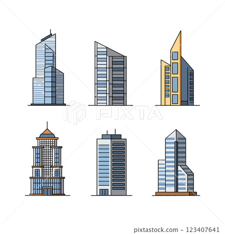 Collection of six modern skyscrapers showcasing flat design style with varying heights, colors, and geometric shapes in vector illustration 123407641