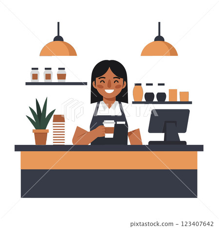 Coffee shop barista serving customers in flat vector art style 123407642