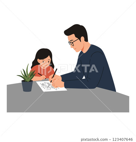Father and daughter working together on creative project in flat vector art Father and daughter working together on creative project in flat vector art 123407646
