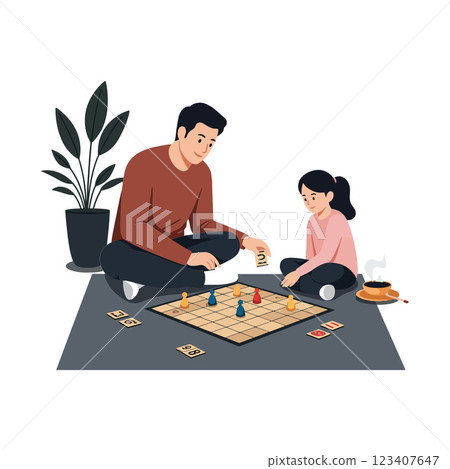 Father and daughter enjoying a board game in flat vector art Father and daughter enjoying a board game in flat vector art 123407647