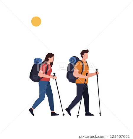 Two hikers walking with backpacks in flat vector illustration 123407661