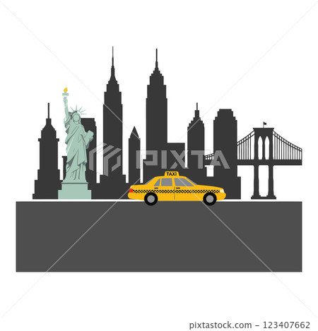 Yellow taxi cab in front of New York City skyline flat vector art Yellow taxi cab in front of New York City skyline flat vector art 123407662