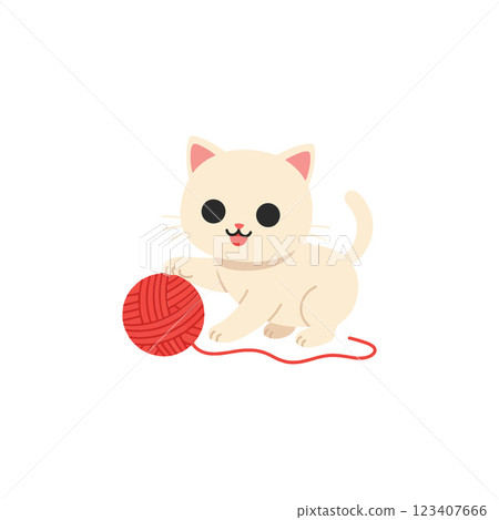 Cute white cat playing with a red yarn ball in flat vector art Cute white cat playing with a red yarn ball in flat vector art 123407666