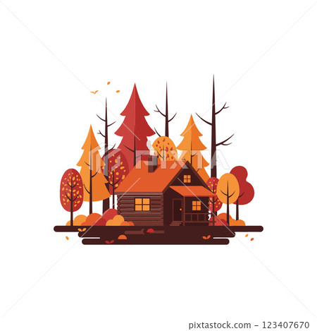 Cozy cabin surrounded by autumn trees in flat vector art Cozy cabin surrounded by autumn trees in flat vector art 123407670