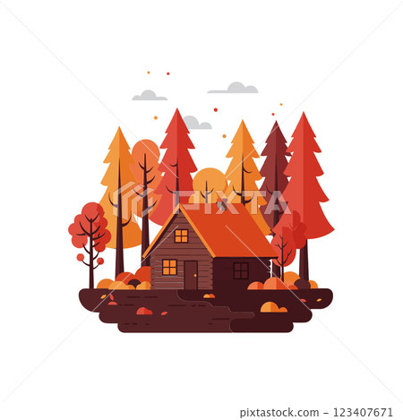 Cozy wooden cabin surrounded by autumn trees in flat vector art Cozy wooden cabin surrounded by autumn trees in flat vector art 123407671