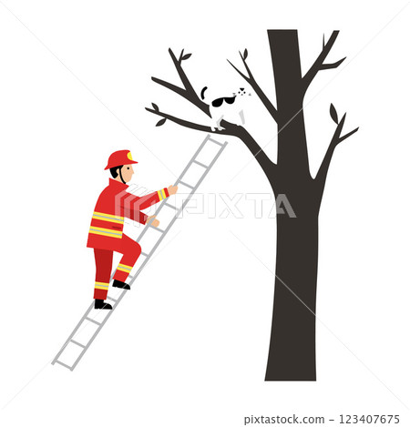 Firefighter rescuing a cat from a tree in flat vector art Firefighter rescuing a cat from a tree in flat vector art 123407675