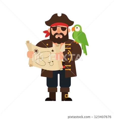 Pirate character holding a treasure map with a parrot vector illustration 123407676