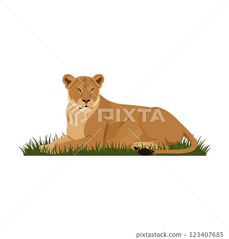 Lioness resting peacefully in flat design vector art 123407685