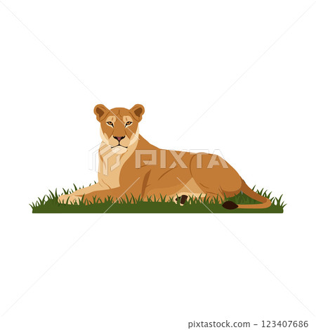 Lioness resting gracefully in a minimal flat vector art style Lioness resting gracefully in a minimal flat vector art style 123407686