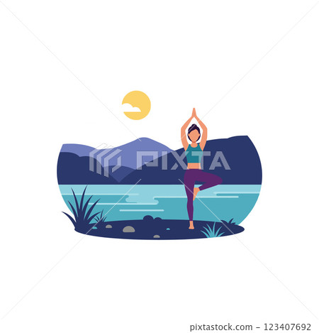 Woman practicing yoga in nature with minimal detailed vector art 123407692