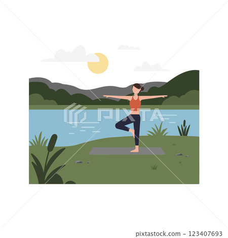 Woman practicing yoga in nature with flat vector art illustration 123407693