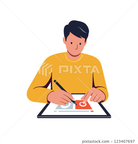 Young man creating digital design on tablet in flat vector art Young man creating digital design on tablet in flat vector art 123407697