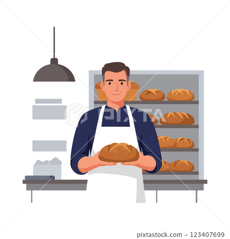 Baker holding fresh bread in a modern flat vector illustration Baker holding fresh bread in a modern flat vector illustration 123407699