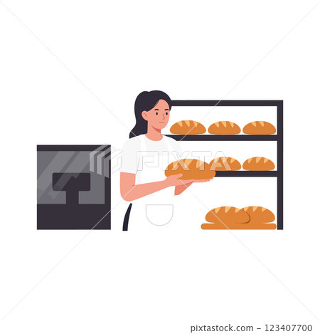 Bakery worker presenting fresh bread in flat vector art 123407700