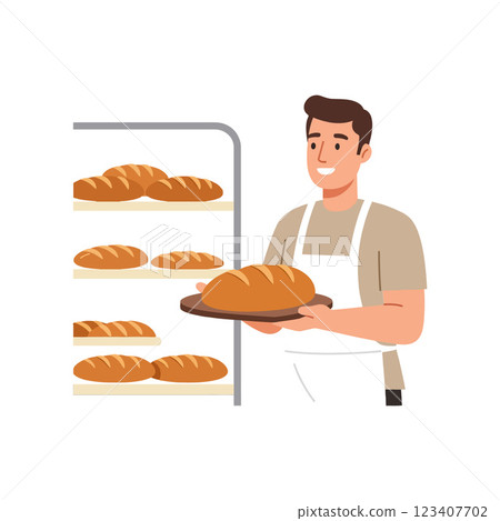 Baker holding freshly baked bread in flat vector illustration Baker holding freshly baked bread in flat vector illustration 123407702