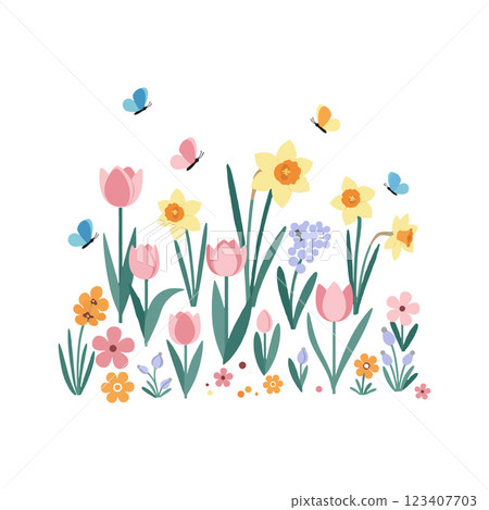 Colorful flower garden scene with butterflies in flat vector art Colorful flower garden scene with butterflies in flat vector art 123407703
