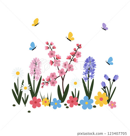 Colorful flowers with butterflies in flat vector illustration style 123407705