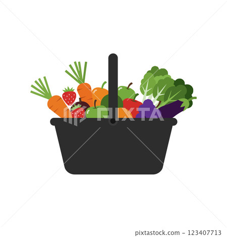 Fresh produce basket filled with vegetables and fruits in flat vector art 123407713