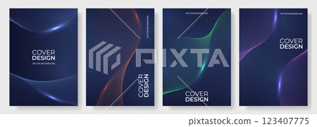 Abstract dark blue poster set with glowing wavy lines. Modern technology cover design vector template collection for flyer, brochure, banner, notebook, book, annual report, presentation background Abstract dark blue poster set with glowing wavy lines. Modern technology cover design vector template collection for flyer, brochure, banner, notebook, book, annual report, presentation background 123407775