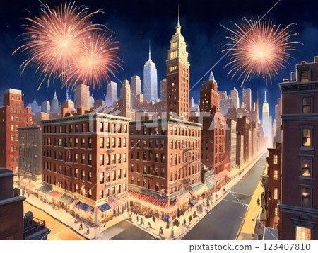 Old American townscape with fireworks-2 123407810