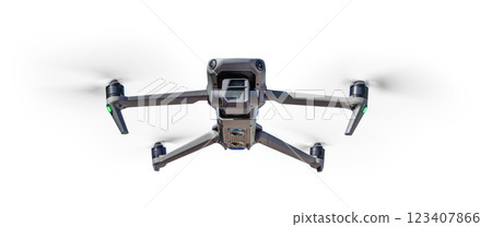 Front View of a Drone Quadcopter UAV In Flight Isolated on a White Background. 123407866