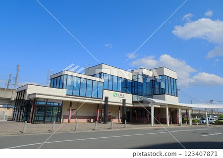 Iwate Station: JR Yahaba Station West Exit Building on a sunny day 123407871