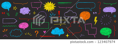 Text frame hand drawn crayon speech bubble set. Crayon chalk pencil background talk speech bubble frame. Hand drawn chalk pencil dialog balloon, children color doodle text cloud. Vector illustration Text frame hand drawn crayon speech bubble set. Crayon chalk pencil background talk speech bubble frame. Hand drawn chalk pencil dialog balloon, children color doodle text cloud. Vector illustration 123407974