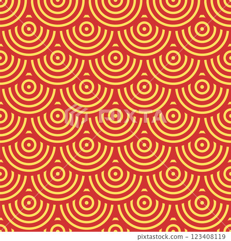 Vector Japanese seamless pattern in oriental geometric traditional style. Festive ornament for lunar chinese new year decoration. Red and golden asian creative motif. Abstract Waves and Circles 123408119