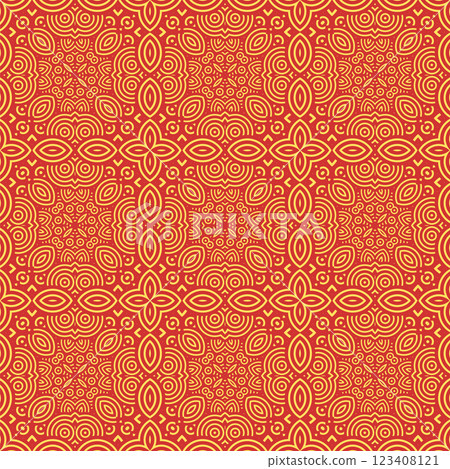 Vector Japanese seamless pattern in oriental geometric traditional style. Festive ornament for lunar chinese new year decoration. Red and golden asian creative motif. Abstract Waves and Circles Vector Japanese seamless pattern in oriental geometric traditional style. Festive ornament for lunar chinese new year decoration. Red and golden asian creative motif. Abstract Waves and Circles 123408121