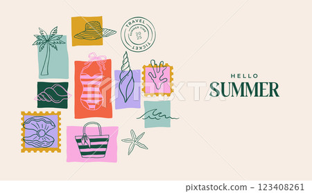 Summer backgrounds, pattern, cards, banner templates. Hand drawn modern illustrations, doodles with 123408261