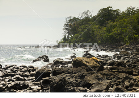 Landscape of a rocky beach covered by tropical jungle, south of the island of Pulau Weh, Sumatra, Indonesia Landscape of a rocky beach covered by tropical jungle, south of the island of Pulau Weh, Sumatra, Indonesia 123408321
