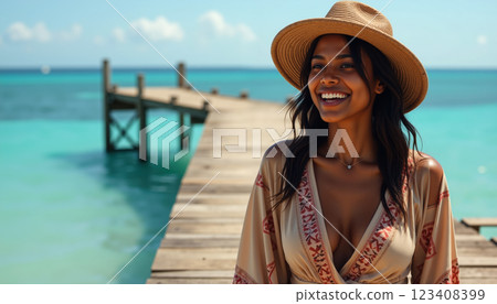 A smiling woman on a tropical dock. 123408399