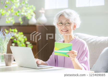 Bankbook, senior woman, laptop Bankbook, senior woman, laptop 123409085