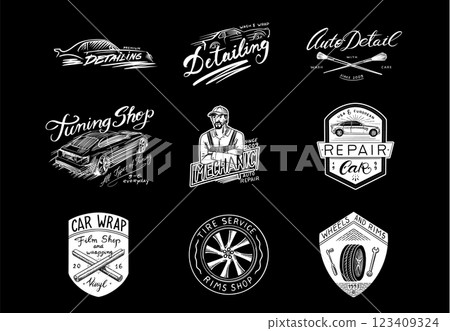 car detail centre or body shop badges. mechanic and other auto repair emblems for business . Wash 123409324
