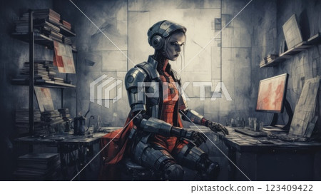 A humanoid robot works in an office on a laptop to listening Music in Headphone, showcasing the utility  123409422