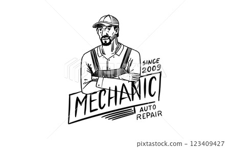 Car mechanic or auto repair shop for your brand. hand drawn emblems for business in garage service Car mechanic or auto repair shop for your brand. hand drawn emblems for business in garage service 123409427