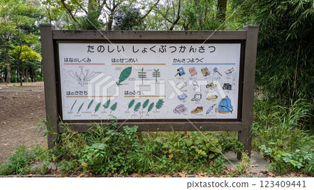 A sign about plants in Rinshinomori Park 123409441