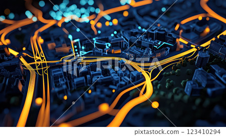 Dynamic city map with illuminated roads, showcasing urban infrastructure and connectivity Dynamic city map with illuminated roads, showcasing urban infrastructure and connectivity 123410294