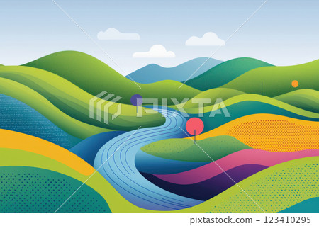 vibrant digital landscape featuring flowing rivers and rolling hills, perfect for creative projects 123410295
