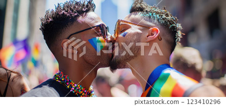 Joyful men kissing at Pride celebration, showcasing love and authenticity Joyful men kissing at Pride celebration, showcasing love and authenticity 123410296