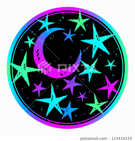 Round composition with an ornament of multi-colored bright stars and the moon Round composition with an ornament of multi-colored bright stars and the moon 123410314