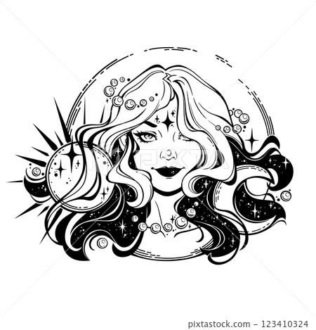 Beautiful girl with starry flowing hair 123410324