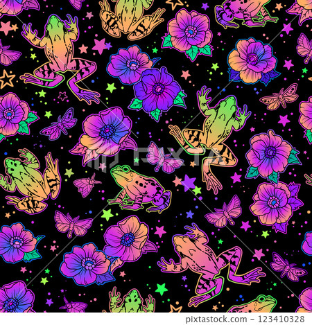 Seamless illustration with colorful rainbow frogs and flowers 123410328