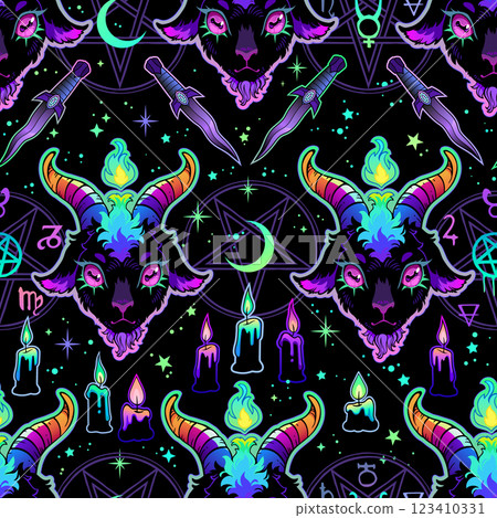 Seamless vector pattern. Cartoon devil and magic items 123410331