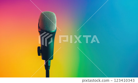 Rainbow microphone with proud voice against colorful background 123410343
