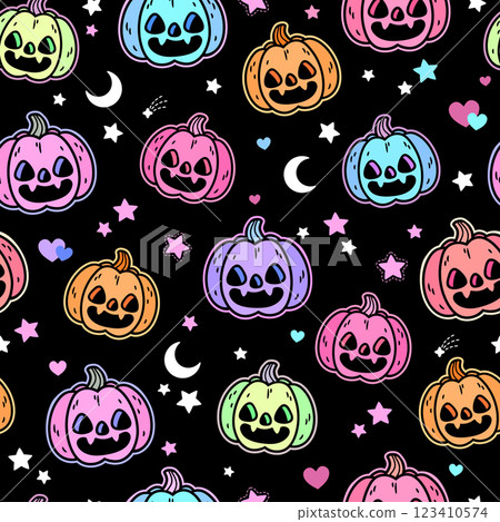 Seamless pattern of bright multicolored haloween pumpkins 123410574