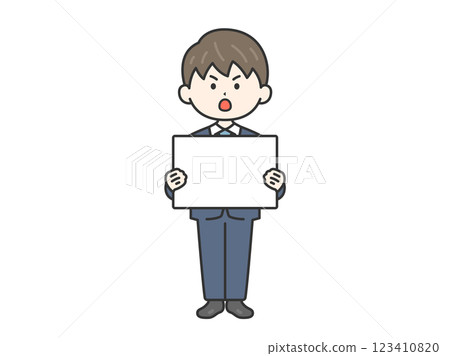 Illustration of a businessman (line drawing) holding a placard and demonstrating Illustration of a businessman (line drawing) holding a placard and demonstrating 123410820