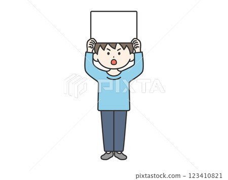 Illustration of a man (line drawing) holding a placard and demonstrating 123410821