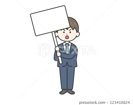 Illustration of a businessman (line drawing) holding a placard and protesting Illustration of a businessman (line drawing) holding a placard and protesting 123410824