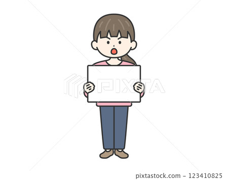 Illustration of a woman (line drawing) demonstrating with a placard 123410825